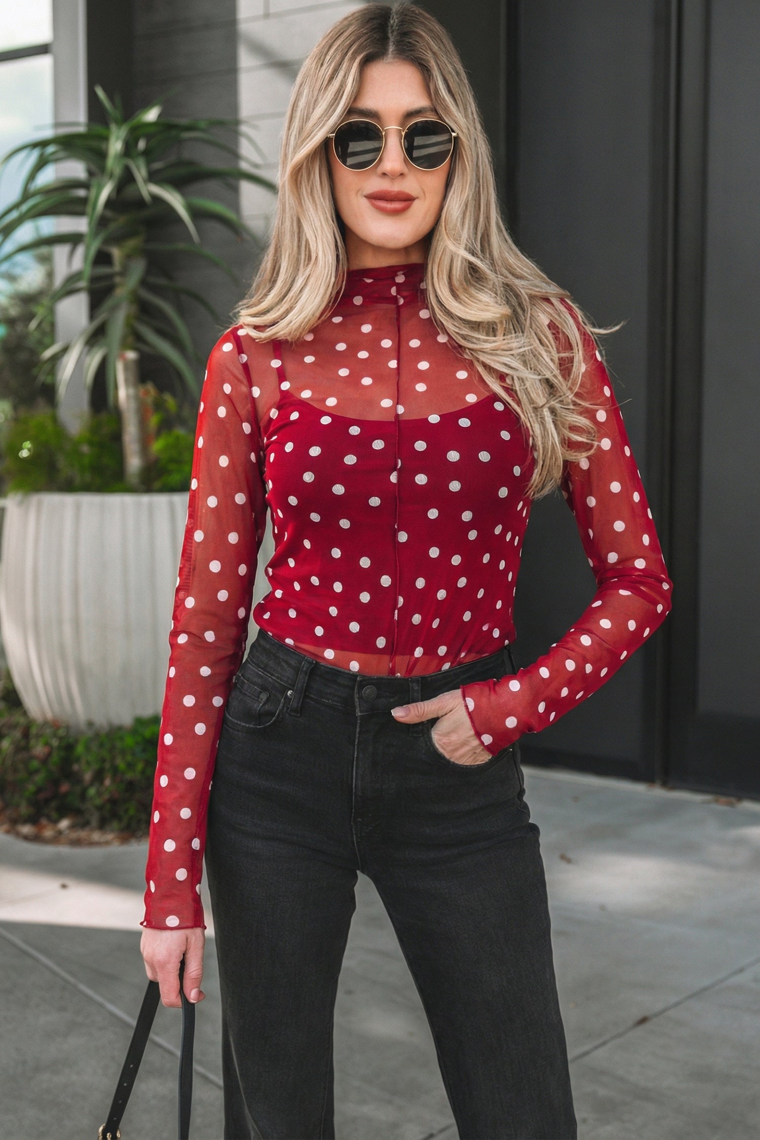 Polka Dot Patterned Bodycon Mock Neck Mesh Long Sleeve Top