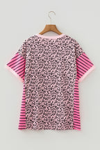 Pink Leopard Striped Contrast Patchwork Plus Size Tee