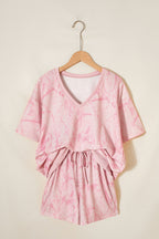 Pink Abstract Print V Neck Loose Tee Drawstring Shorts 2pcs Outfit