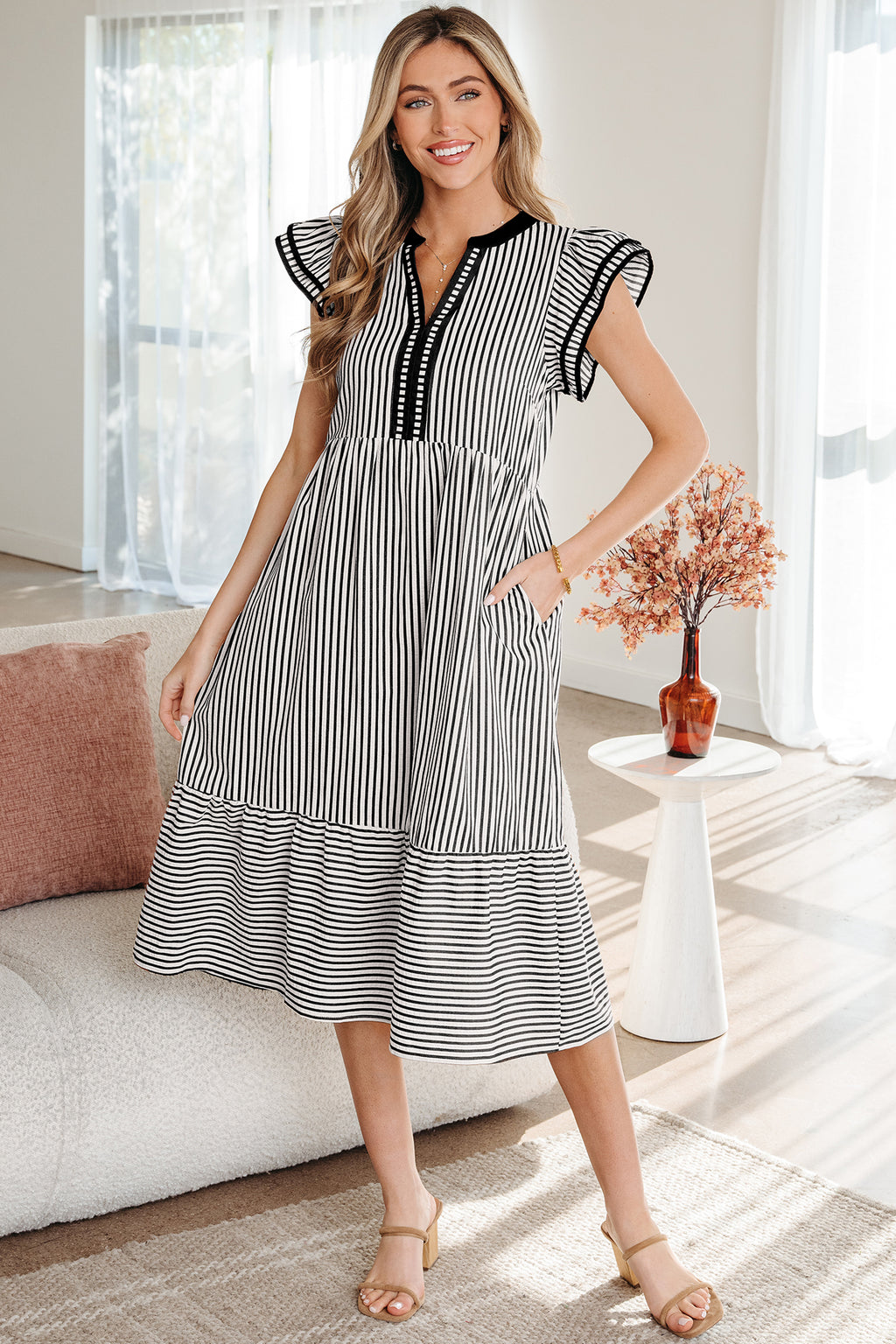 Striped Double Ruffled Short Sleeve Contrast Trim V Neck Midi Dress