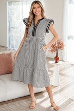 Striped Double Ruffled Short Sleeve Contrast Trim V Neck Midi Dress