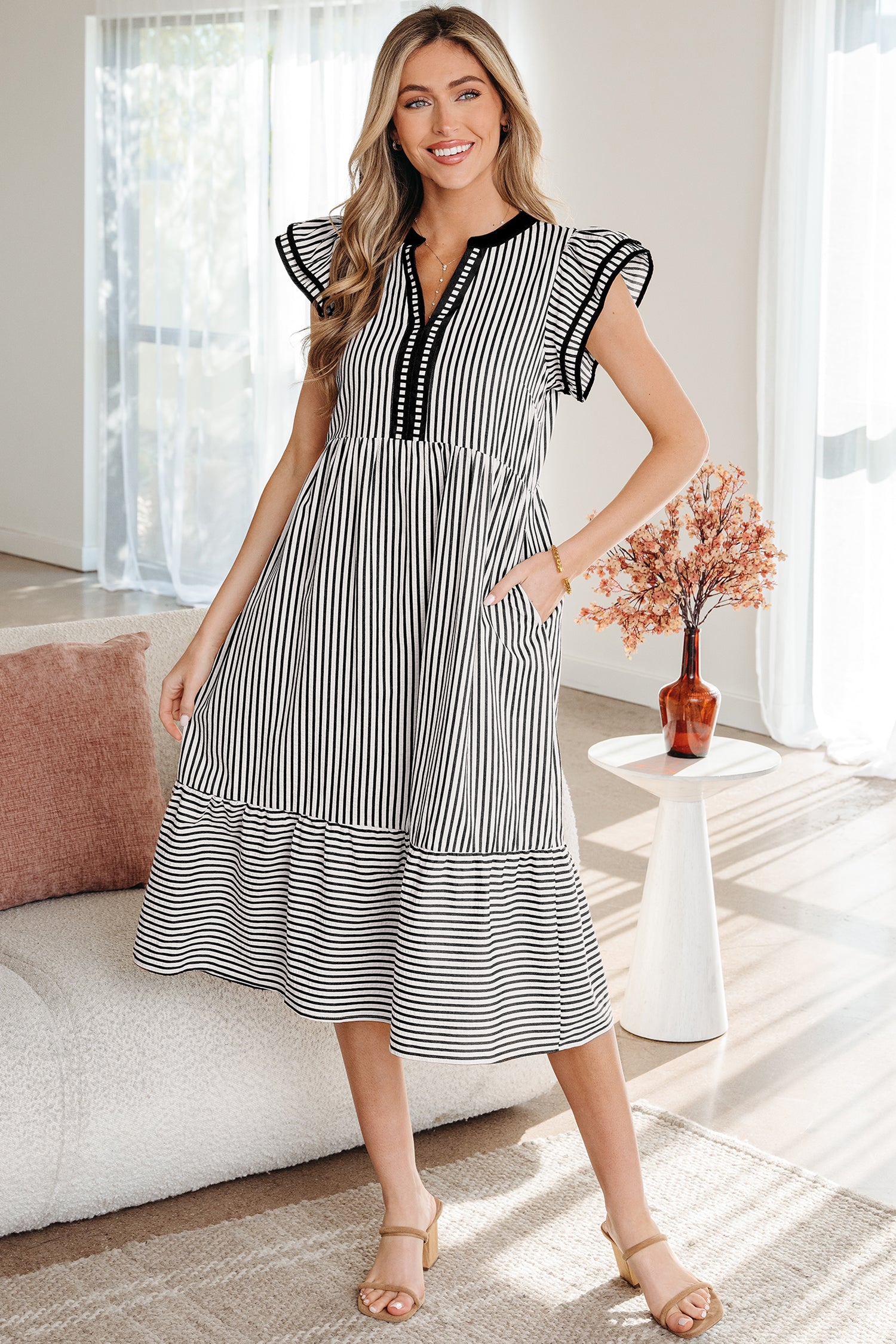 Striped Double Ruffled Short Sleeve Contrast Trim V Neck Midi Dress