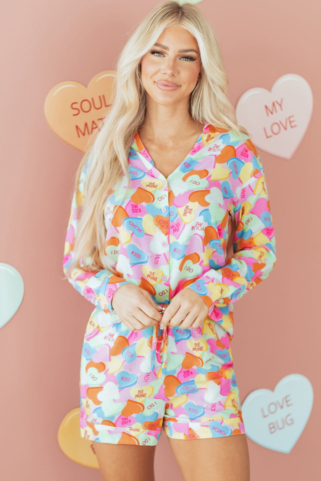 Pink Valentines Candy Heart V Neck Collared Tunic Shirt and Shorts 2pcs Pyjama Set