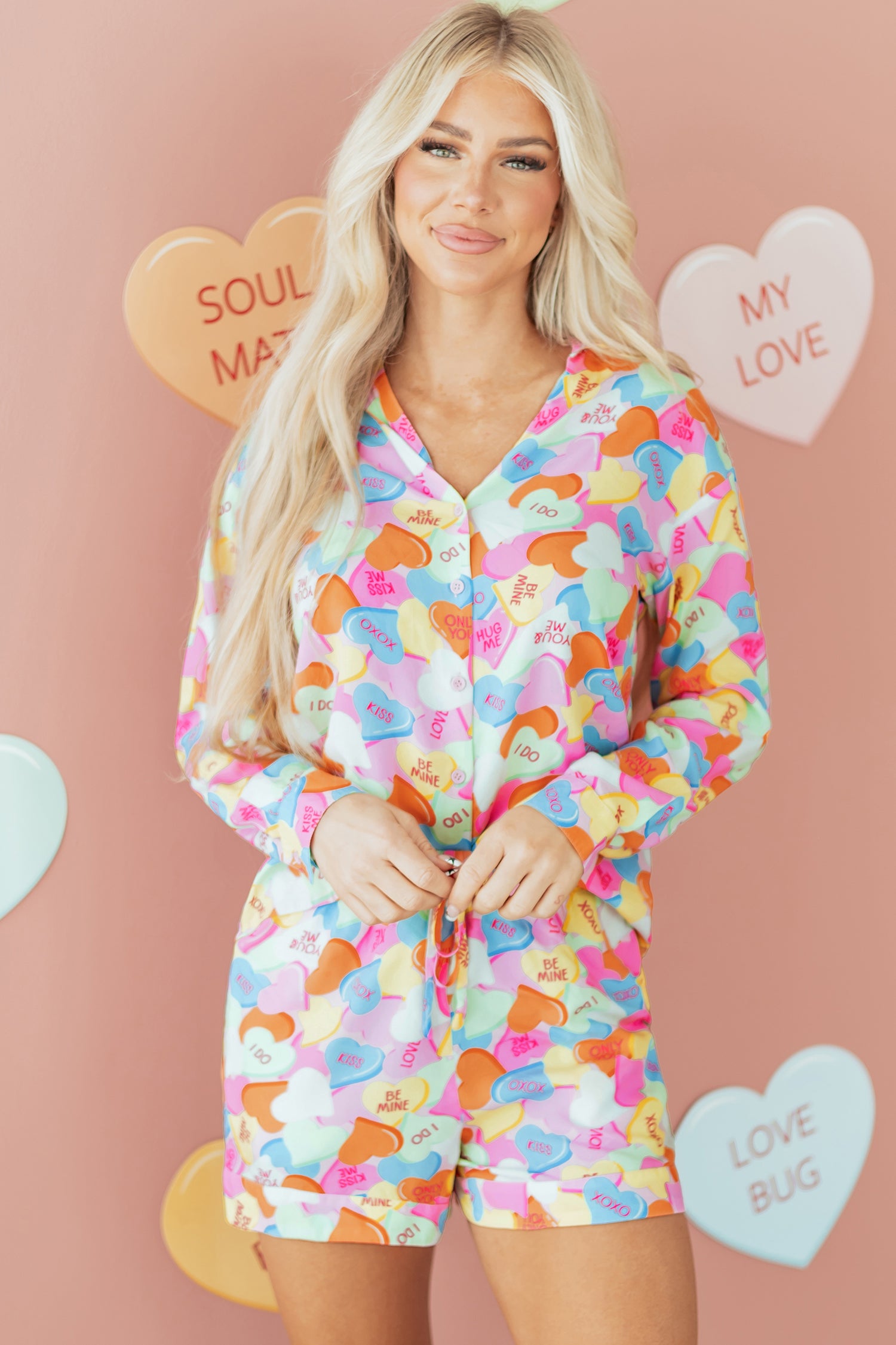 Pink Valentines Candy Heart V Neck Collared Tunic Shirt and Shorts 2pcs Pyjama Set