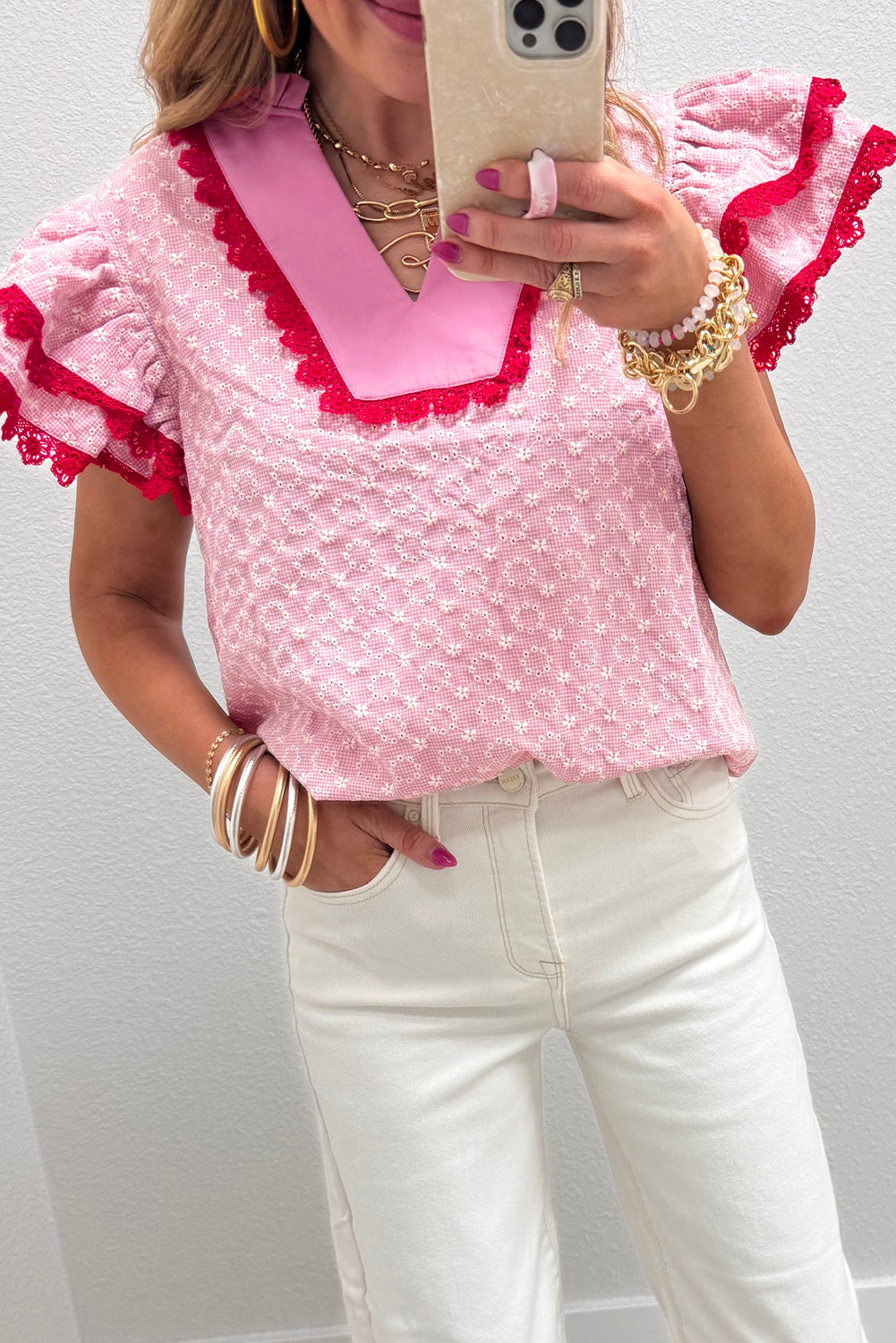 Eyelet Embroidered Flower Texture Contrast Lace Trim Flutter Sleeve Blouse