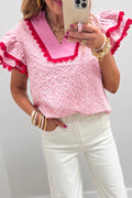 Eyelet Embroidered Flower Texture Contrast Lace Trim Flutter Sleeve Blouse