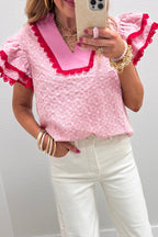 Eyelet Embroidered Flower Texture Contrast Lace Trim Flutter Sleeve Blouse