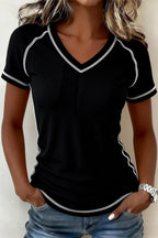 Black Waffle Textured Contrast Trim V Neck Tee