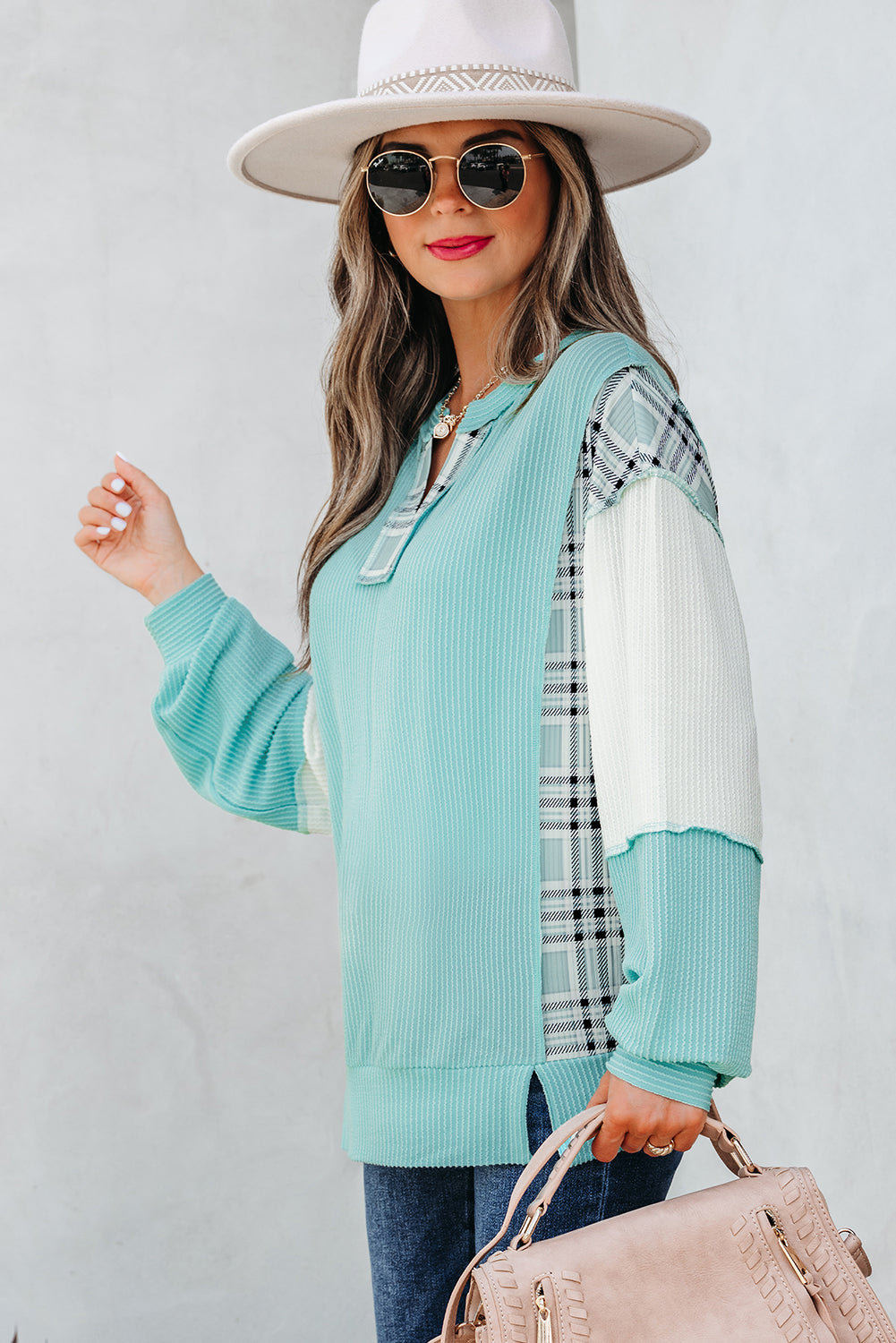 Corded Texture Plaid Colorblock Patchwork Split Neck Long Sleeve Top