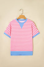 Striped Contrast Trim Loose Short Sleeve Top