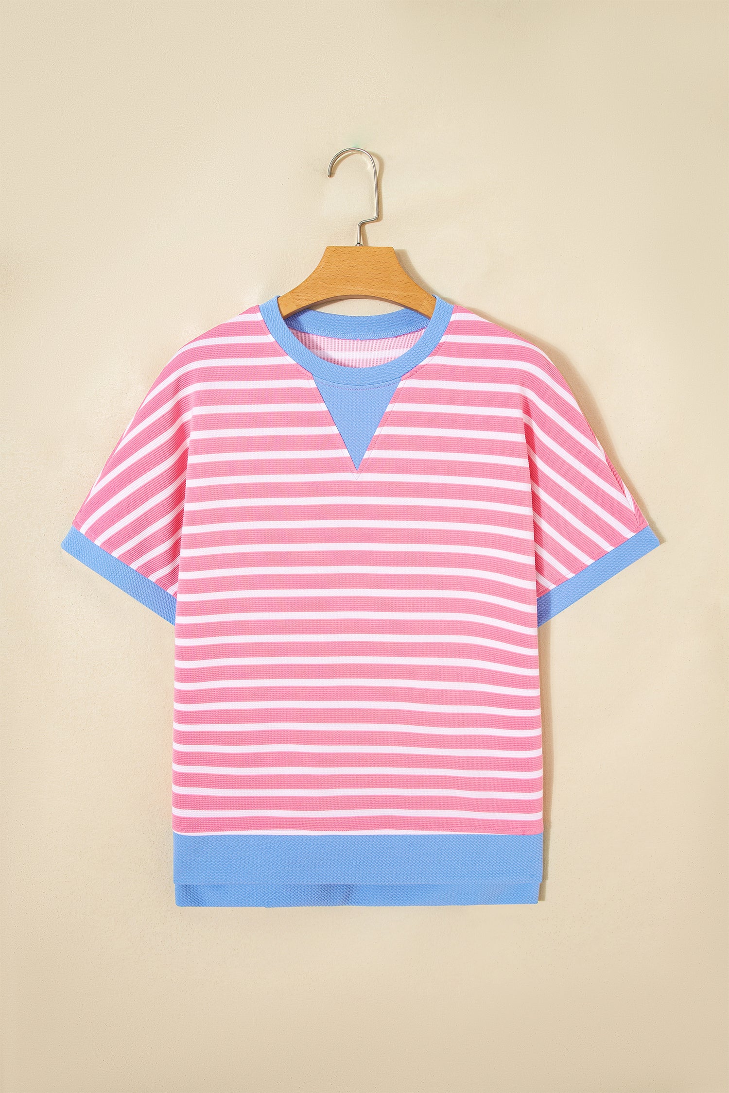 Striped Contrast Trim Loose Short Sleeve Top