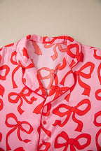 Pink 2pcs Bow Print Shirt Style Long Sleeve Pyjama Set