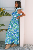 Floral Print Square Neck Ruffled Strap Maxi Dress