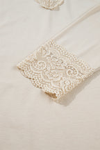 Apricot Lace Trim V Neck Long Sleeve Patchwork Pullover Top