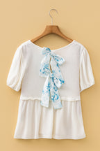 White Textured Knit V Neck Short Bubble Sleeve Peplum Top