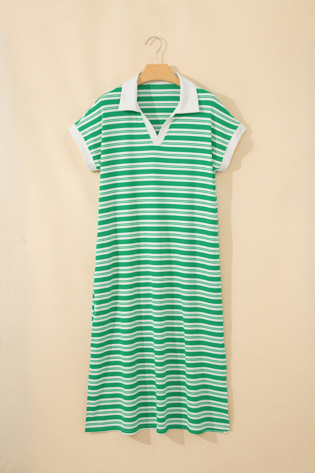 Green Stripe Collared V Neck Short Sleeve T Shirt Midi Dress with Pockets