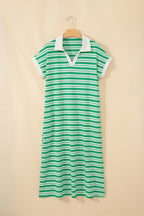 Green Stripe Collared V Neck Short Sleeve T Shirt Midi Dress with Pockets