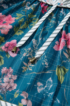 Sky Blue Floral Print Contrast Yoke Patchwork Striped Trim Long Puff Sleeve Blouse