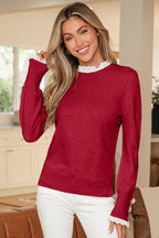 Lace Trim Patchwork Buttoned Cuffs Loose Sweater