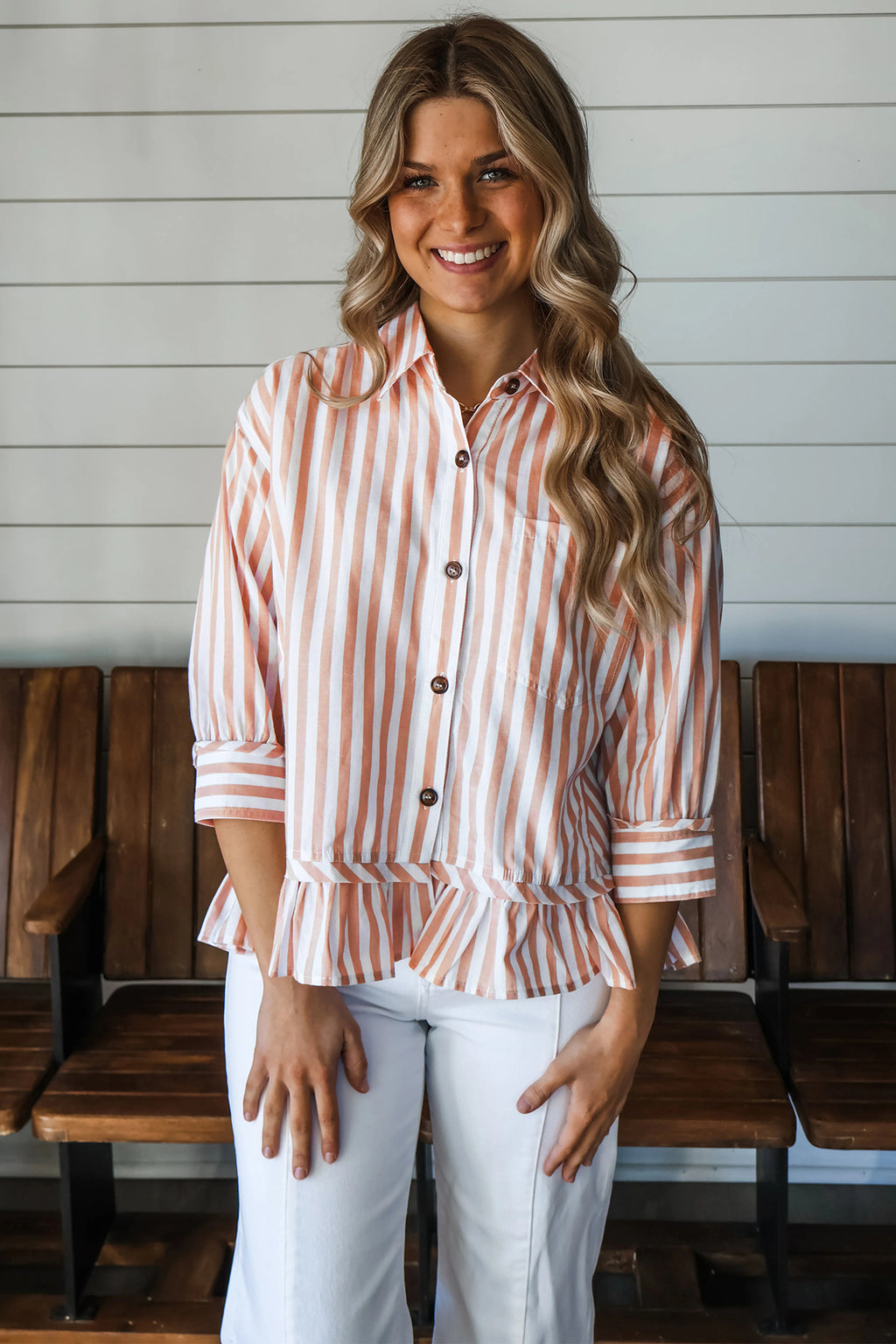 Khaki Stripe Striped Shirt Collar Bracelet Sleeve Hem Paneling Casual Shift Top