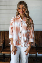 Khaki Stripe Striped Shirt Collar Bracelet Sleeve Hem Paneling Casual Shift Top