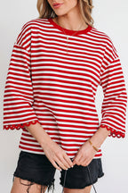 Striped Print Drop Shoulder Lace Trim Bracelet Sleeve Loose Top