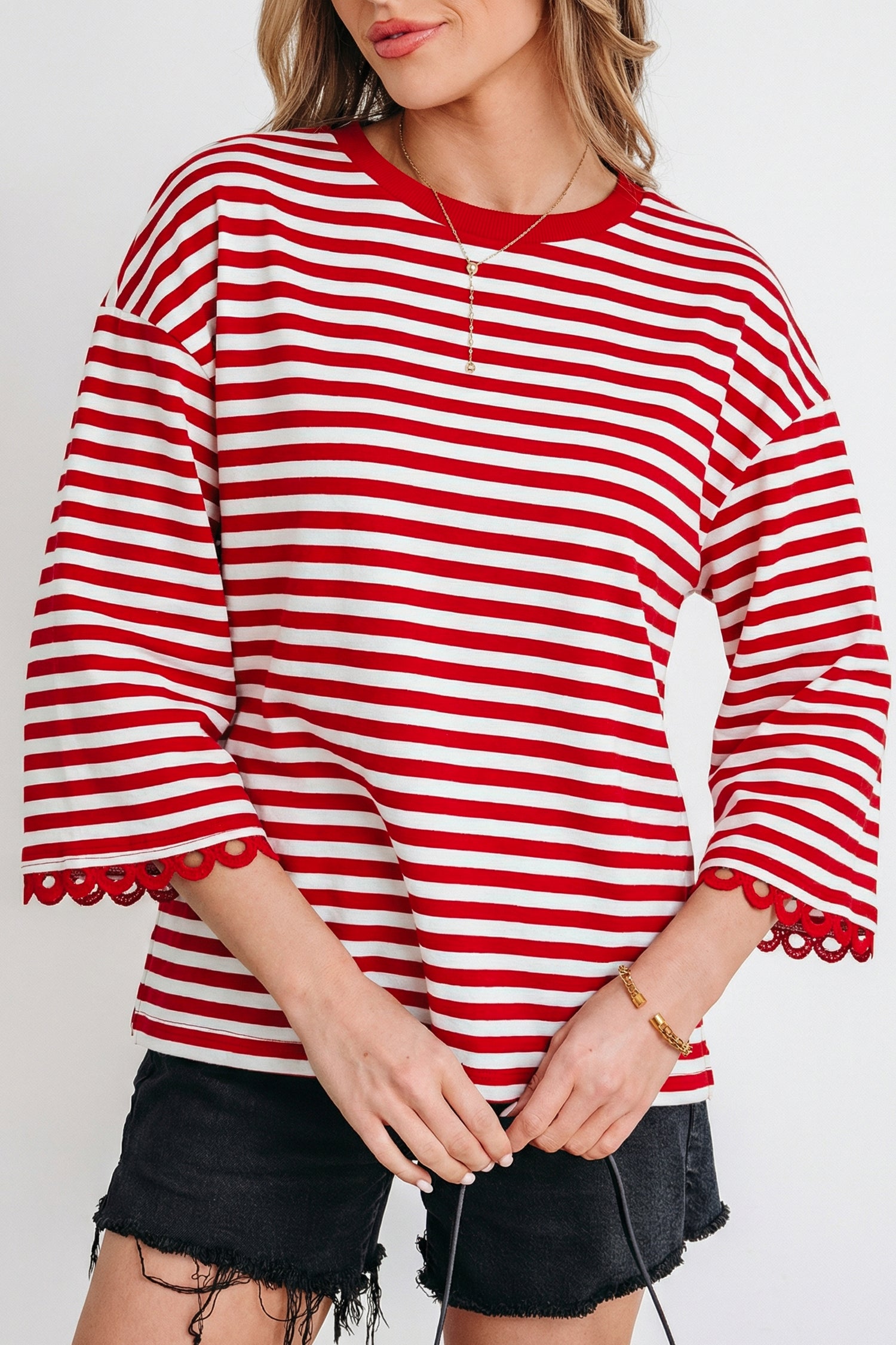 Striped Print Drop Shoulder Lace Trim Bracelet Sleeve Loose Top