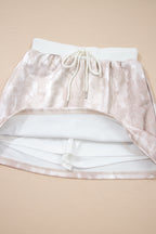 White Abstract Woodland Print Balloon Sleeve Pullover Drawstring Mini Skort Set