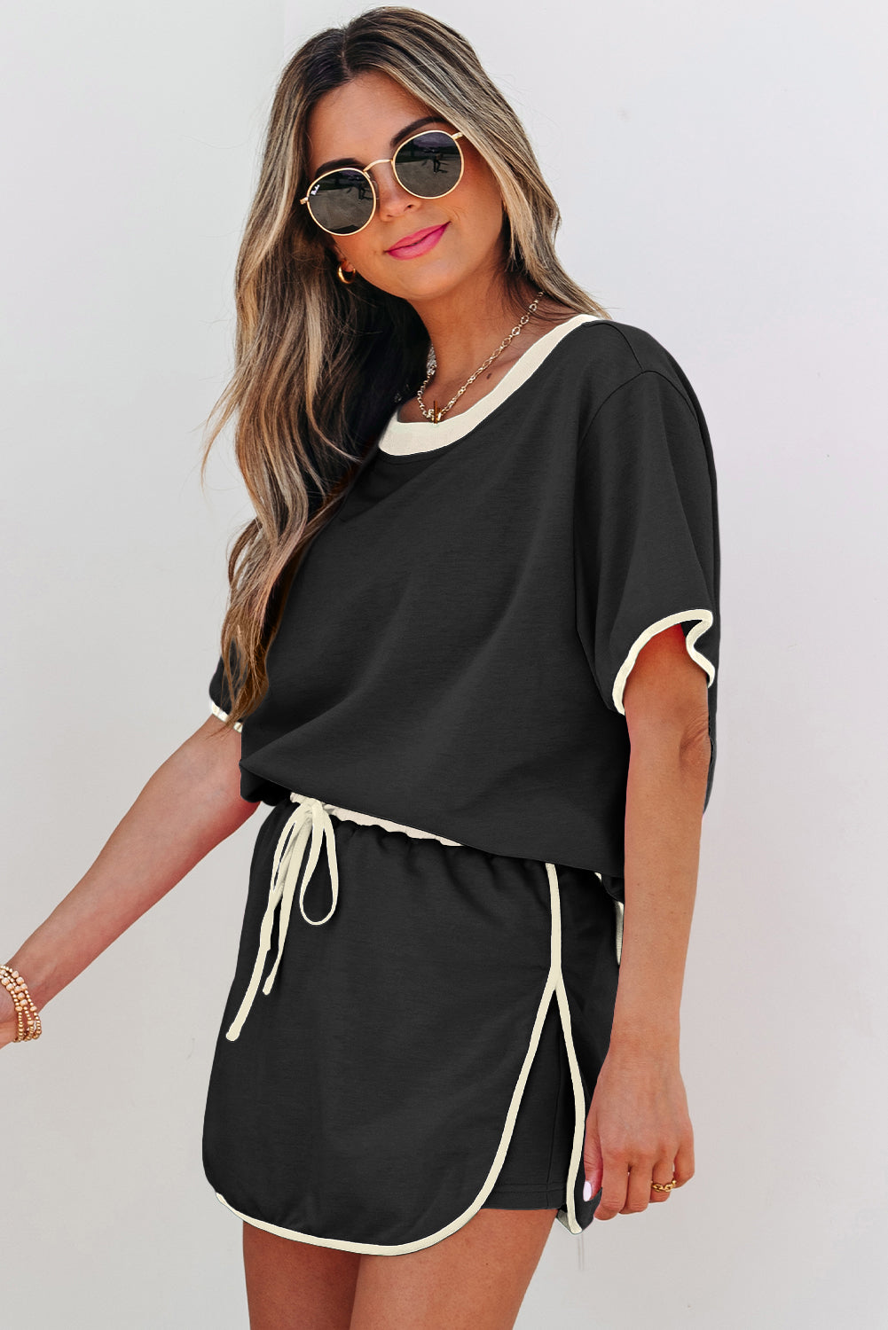 Color Block Edge Drop Shoulder T Shirt and Skort 2Pcs Set