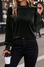 Black Frilled Collared Smocked Cuffs Puff Sleeve Velvet Blouse