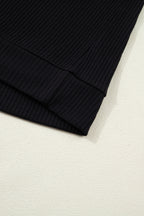 Black Ribbed Knit Contrast Denim Patchwork Hooded Long Sleeve Top