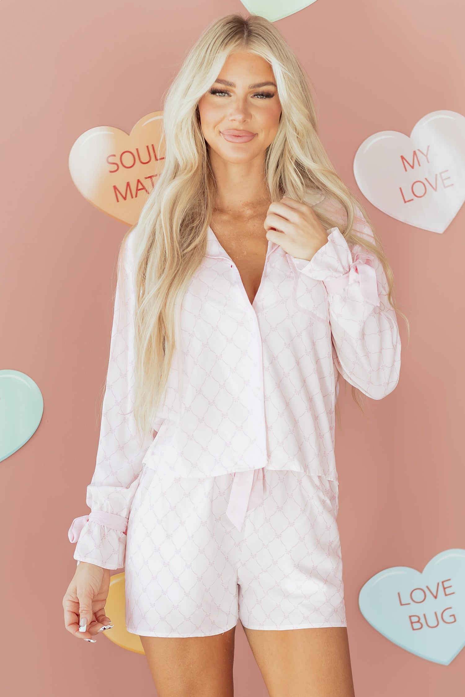Pink Bow Lattice Print Bow Ties 2pcs Pyjama Set