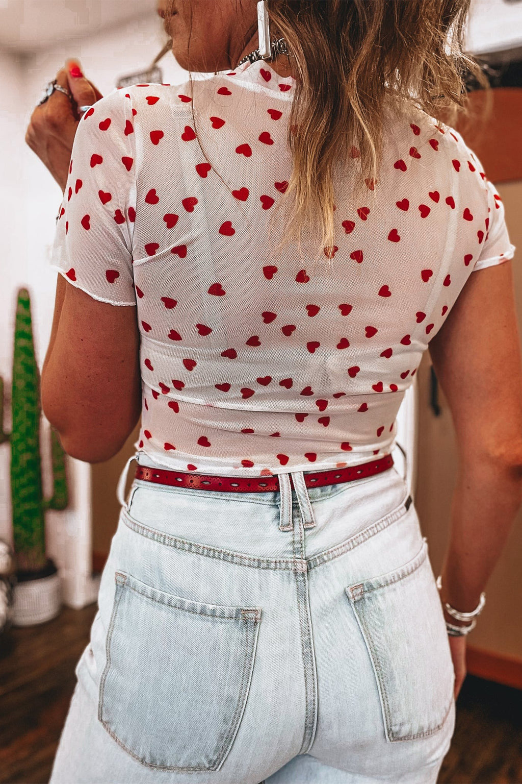 Allover Heart Print Mesh Short Sleeve Top