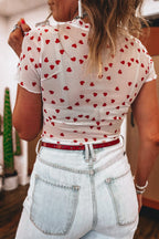 Allover Heart Print Mesh Short Sleeve Top