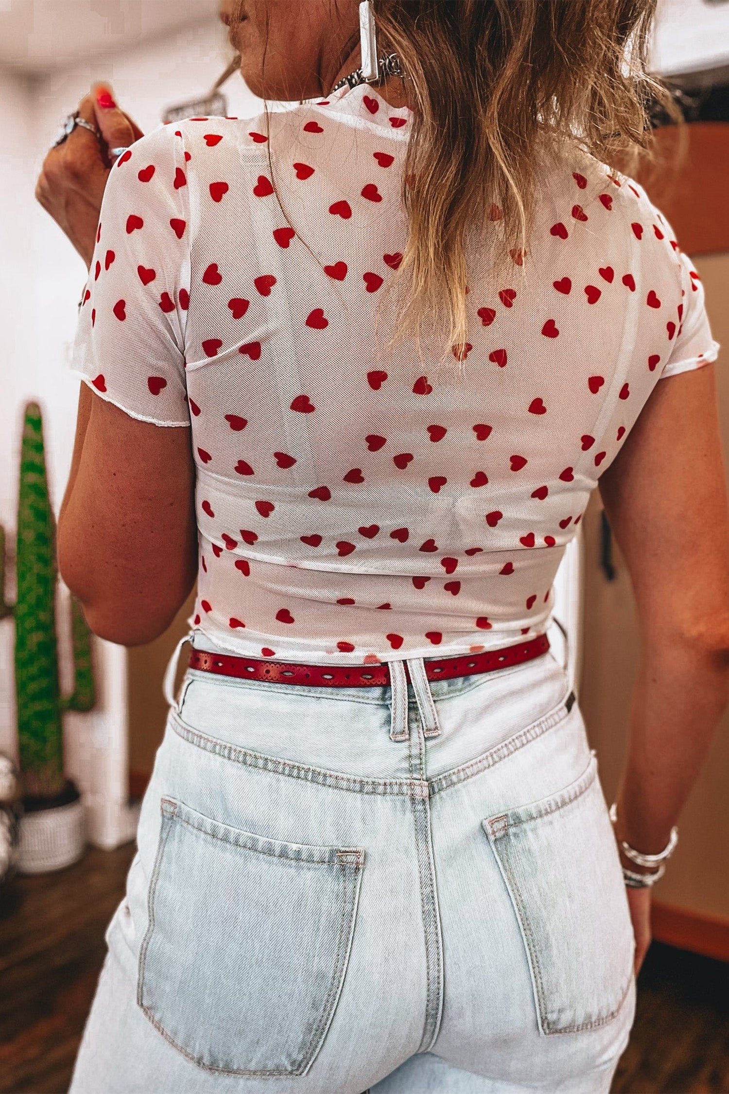 Allover Heart Print Mesh Short Sleeve Top