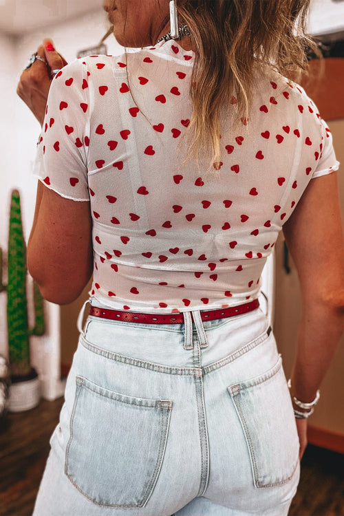 Allover Heart Print Mesh Short Sleeve Top