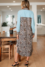 Striped Contrast Leopard Patchwork Long Shirt Dress with Slits
