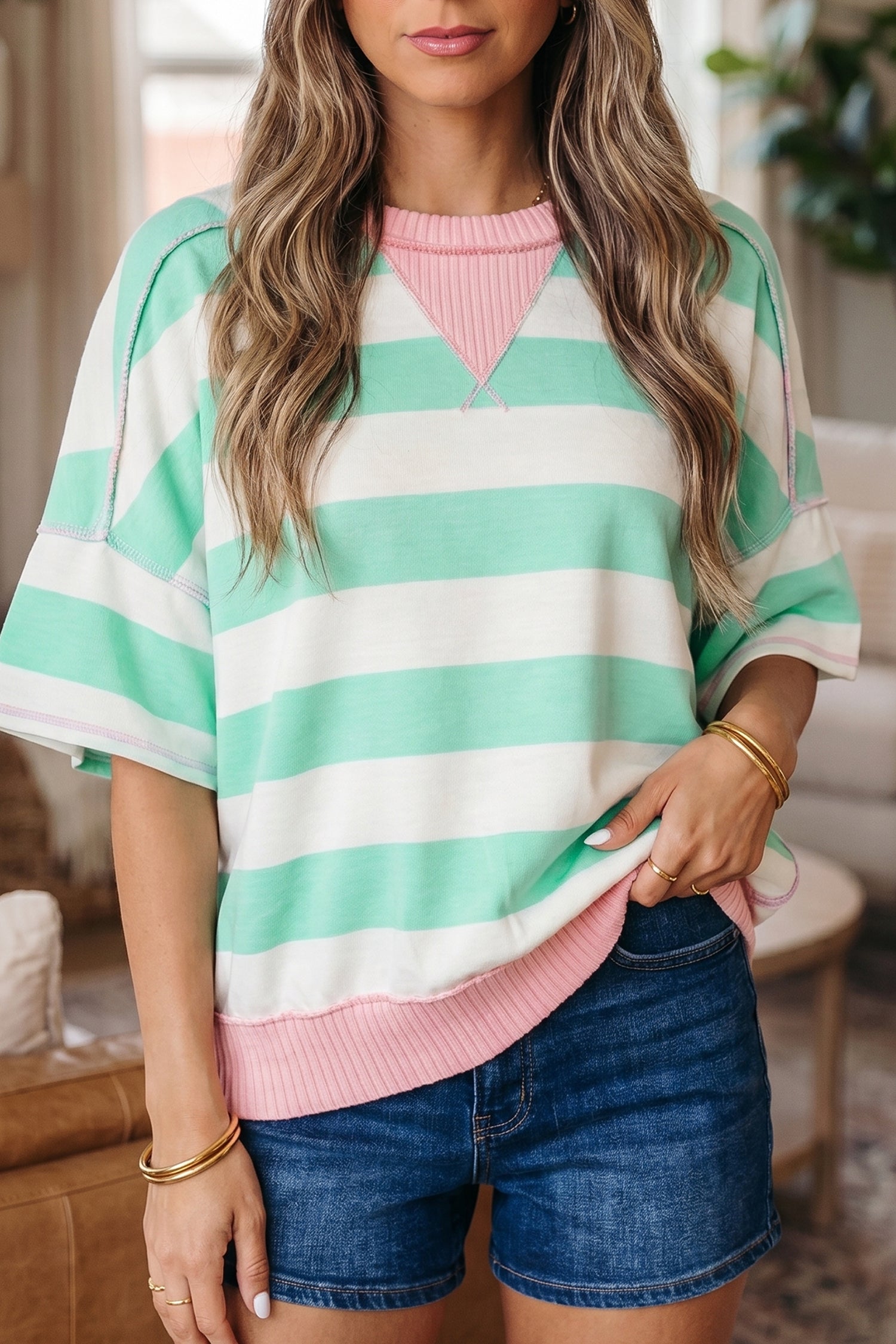 Striped Exposed Seam Ribbed Patchwork Oversized Tee