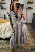 Striped Double Ruffled Short Sleeve Contrast Trim V Neck Midi Dress