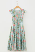 Yellow Smocked Bodice Ruffled Sleeveless Tiered Floral Maxi Dress