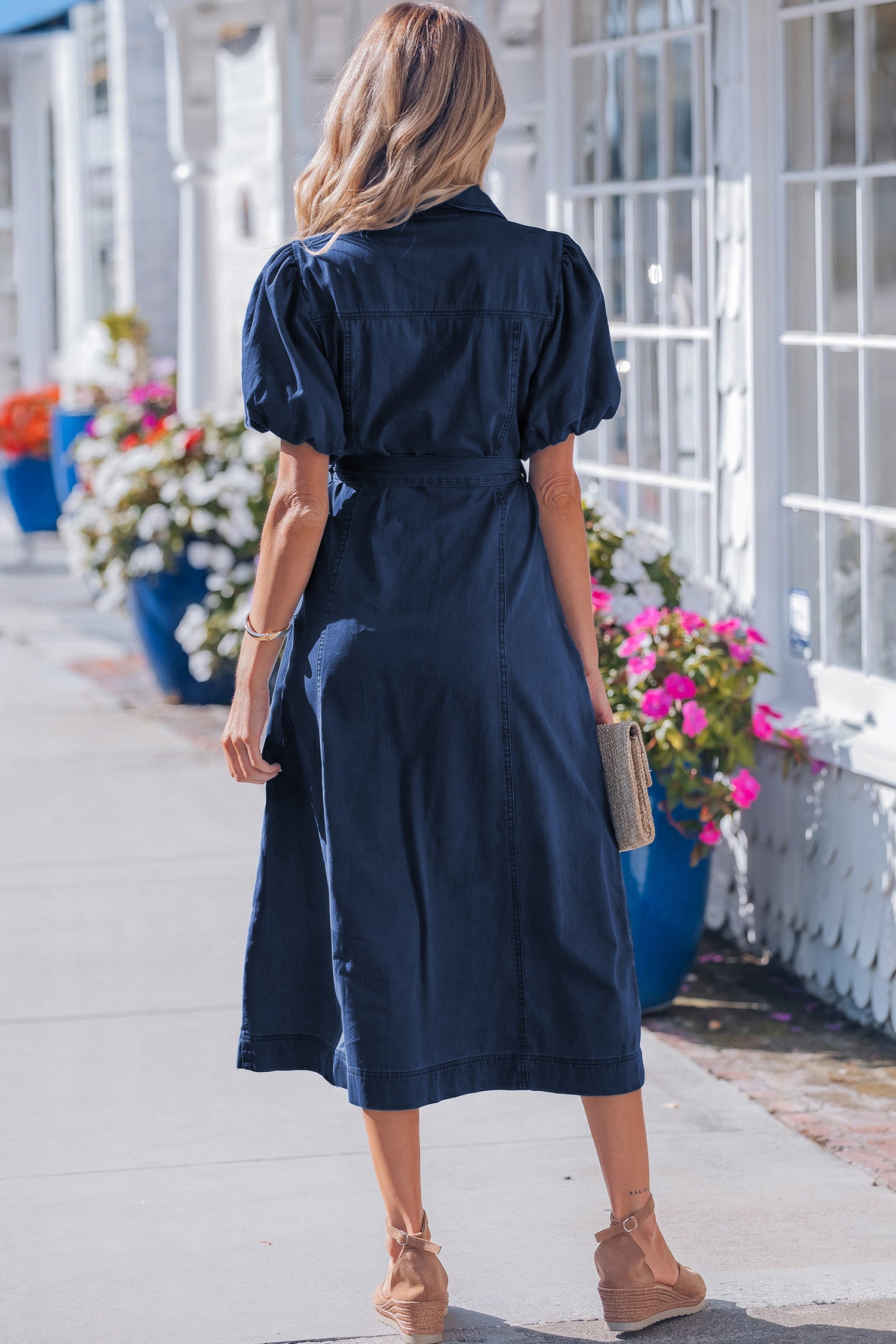 Full Buttons Collared Short Bubble Sleeve Long Denim Dress