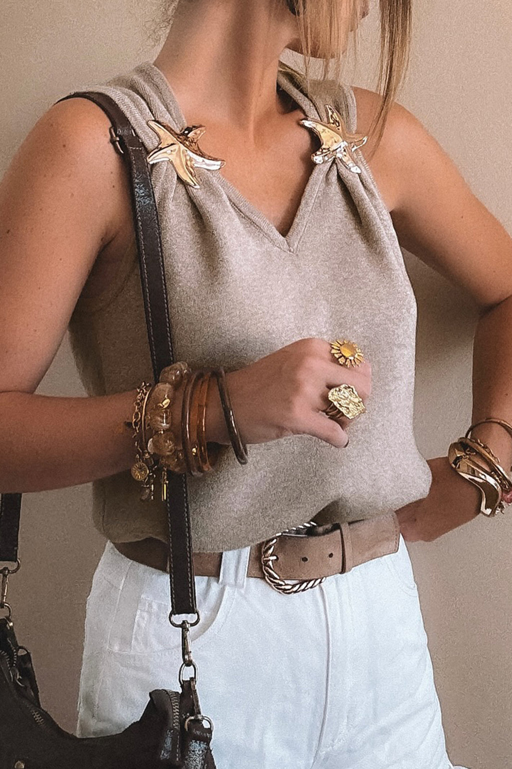 Grey Morn Metal Star Detail V Neck Sweater Knit Tank Top