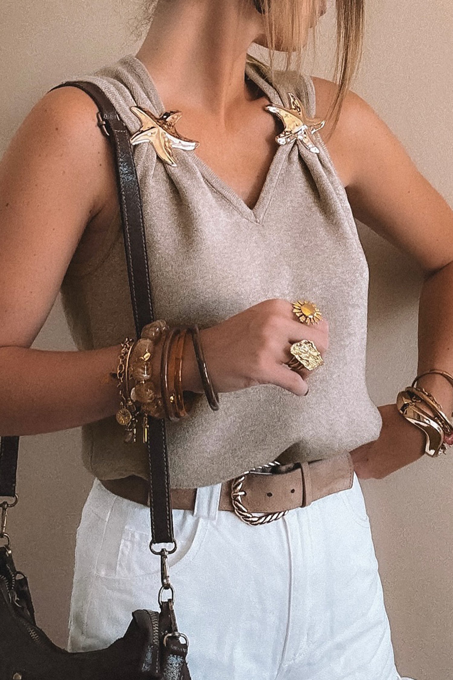 Grey Morn Metal Star Detail V Neck Sweater Knit Tank Top
