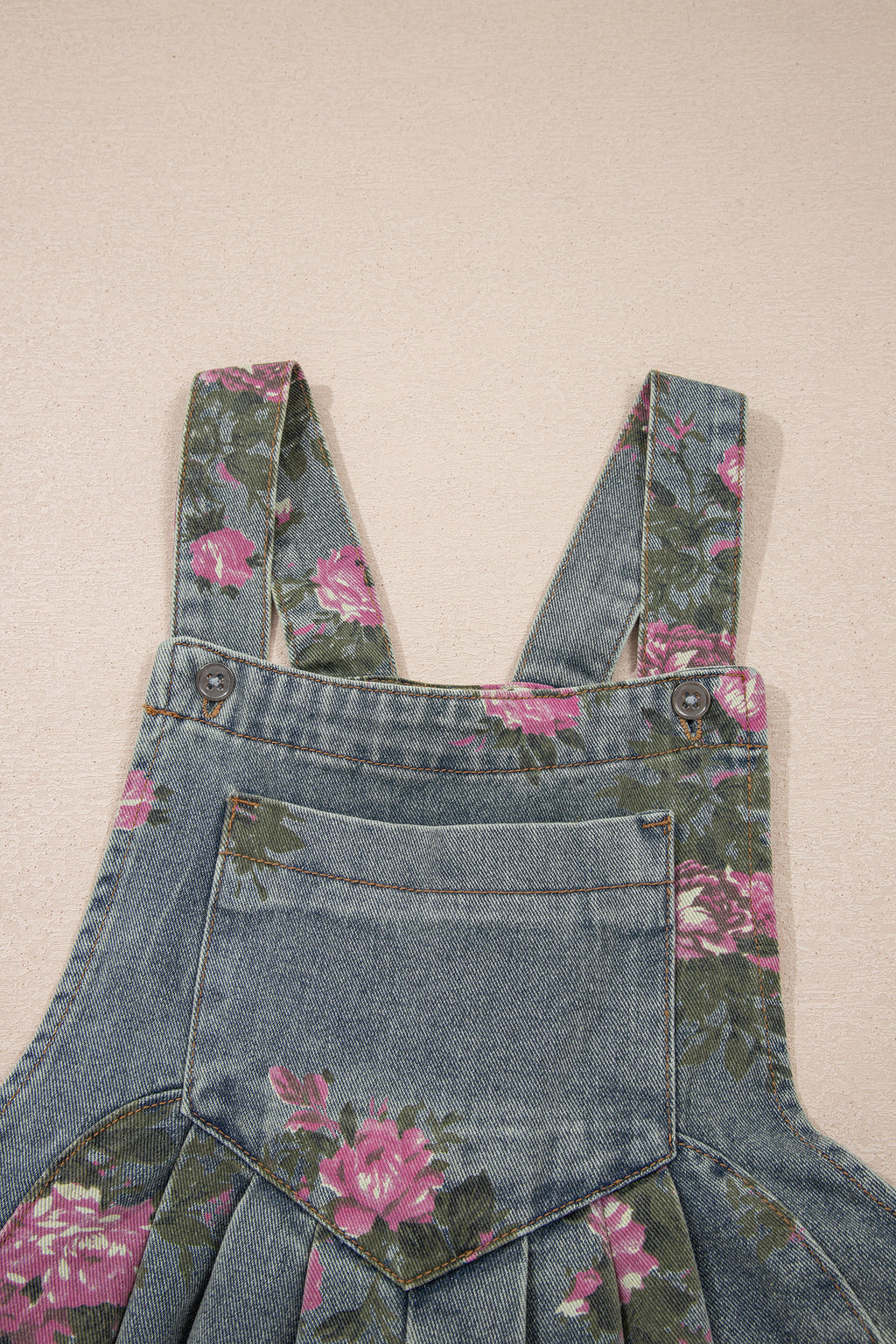 Floral Print Pleated High Waist Wide Leg Denim Jumpsuit