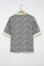 Black Plus Leopard Print Striped Color Block Trim Frilled V Neck Short Sleeve Blouse