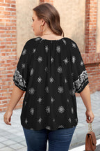 Boho Chic Notched V Neck Plus Floral Short Sleeve Top