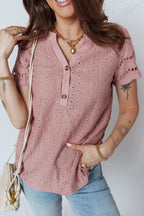Fuchsia Textured Embroidered Half Buttons Short Sleeve Blouse