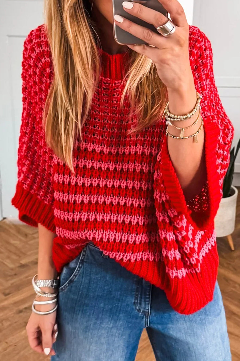 Striped 3/4 Draped Sleeve Slouchy Sweater