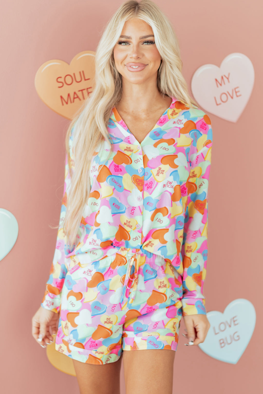 Pink Valentines Candy Heart V Neck Collared Tunic Shirt and Shorts 2pcs Pyjama Set