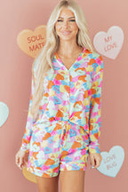 Pink Valentines Candy Heart V Neck Collared Tunic Shirt and Shorts 2pcs Pyjama Set